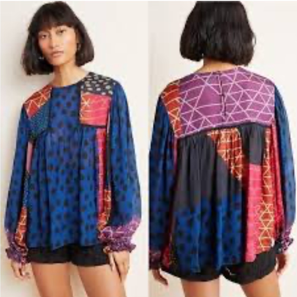 Blank London Anthropologie Patchwork Blue Peasant Blouse size S Oversized Boho